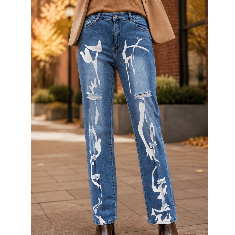 Womens Blue Abstract Graphic Print Distressed Straight Leg High Rise Jeans 30